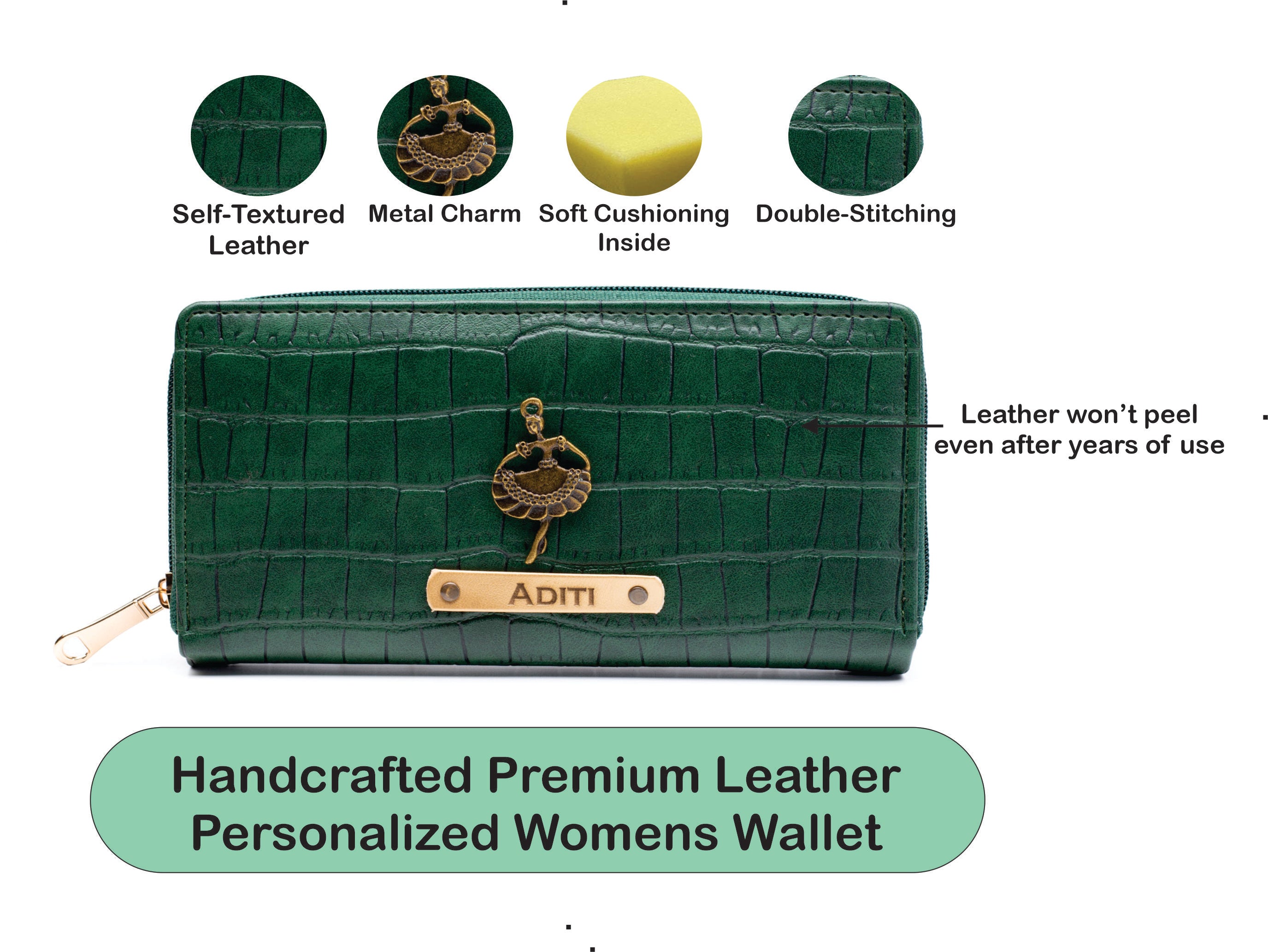 Personalized Self -Textured Womens Wallet - DarkGreen