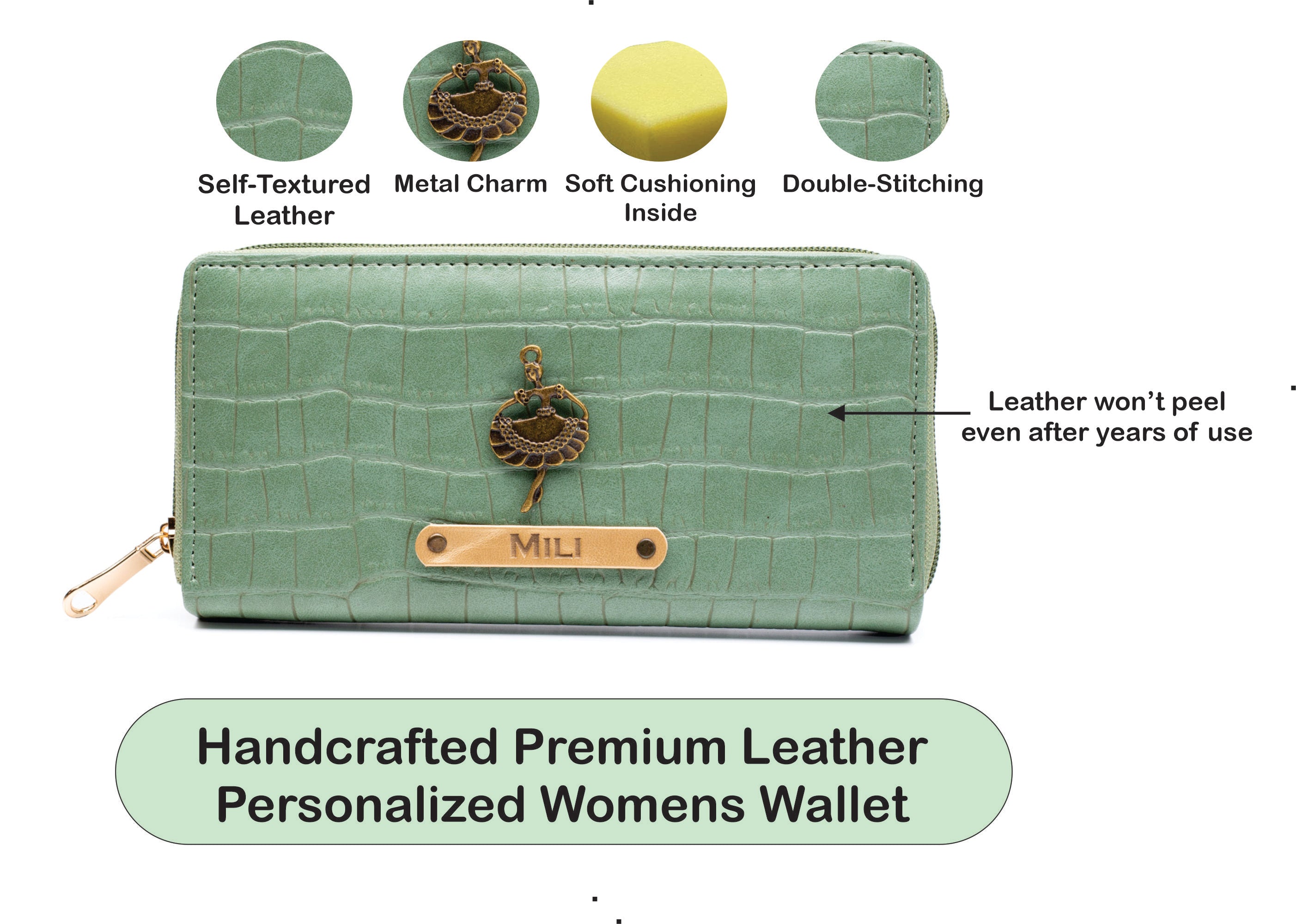 Personalized Self -Textured Womens Wallet - MintGreen
