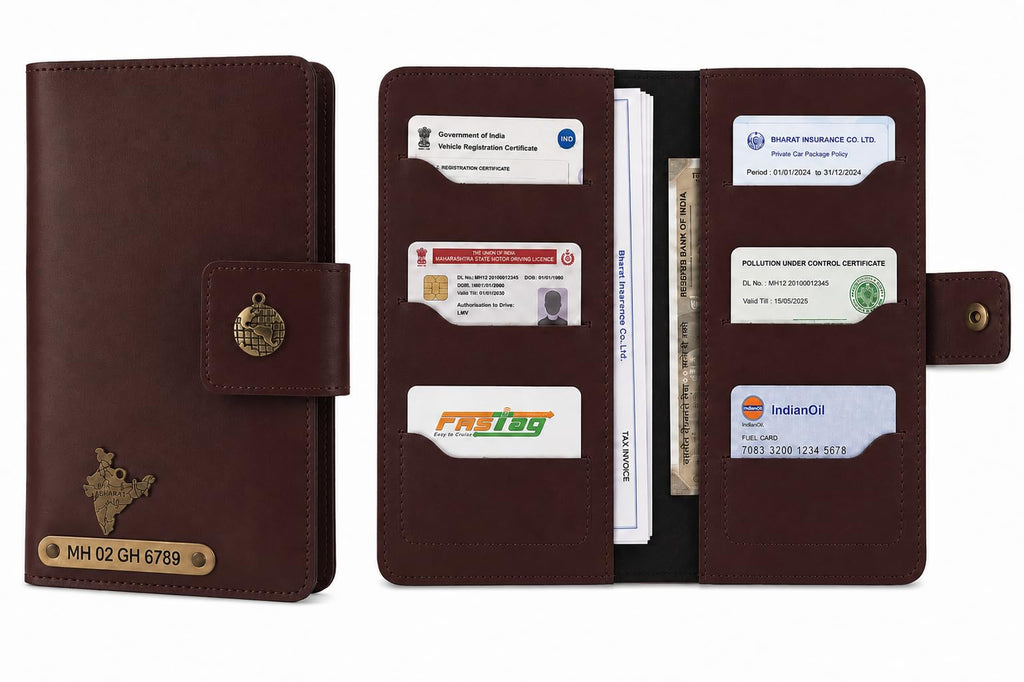AICA Personalized Name & Charm Long Leather Car Document Holder with RC, Insurance Papers, Card Slots & Cash Compartment for Men & Women (Darkbrown)