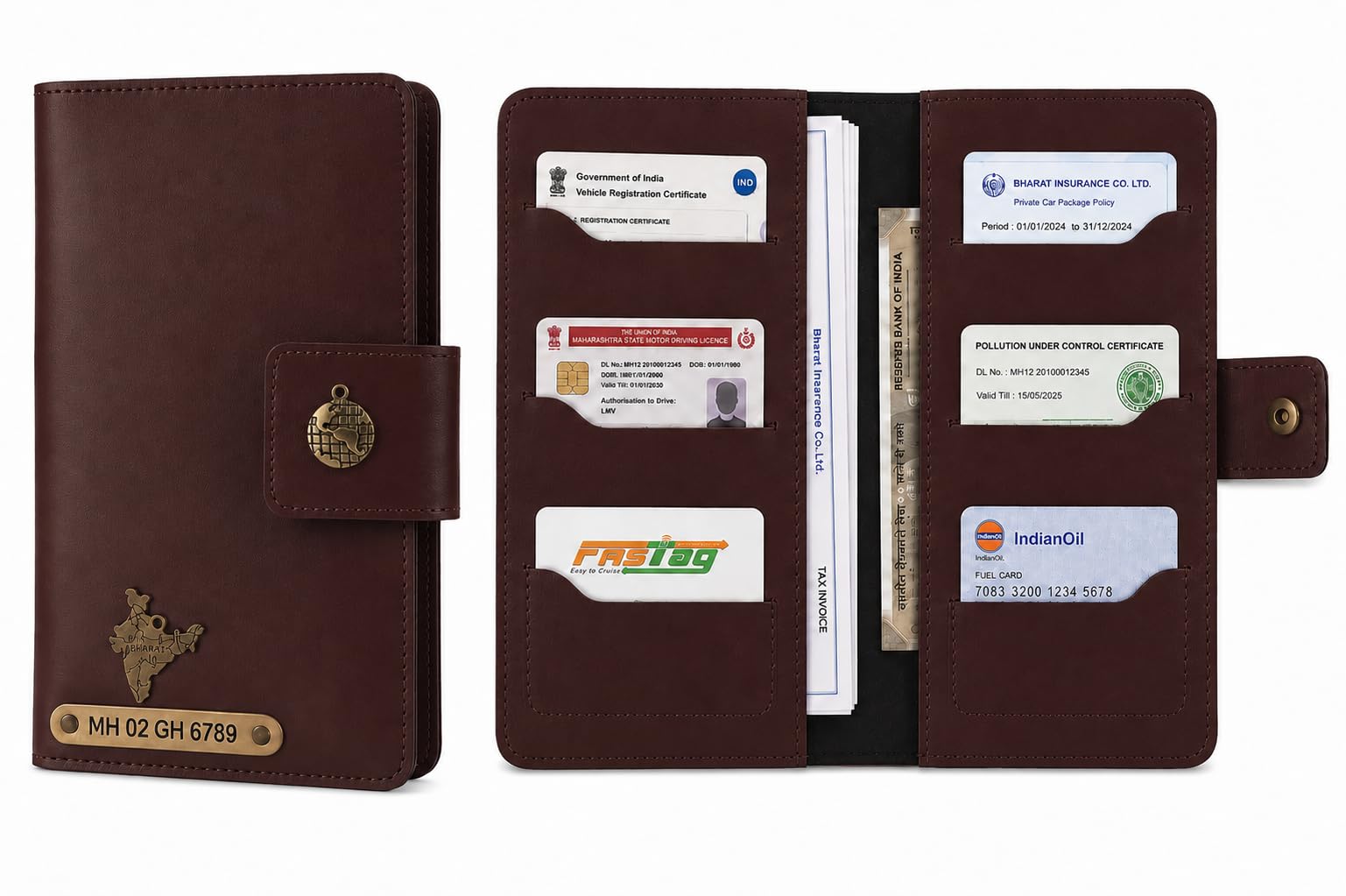 AICA Personalized Name & Charm Long Leather Car Document Holder with RC, Insurance Papers, Card Slots & Cash Compartment for Men & Women (Darkbrown)