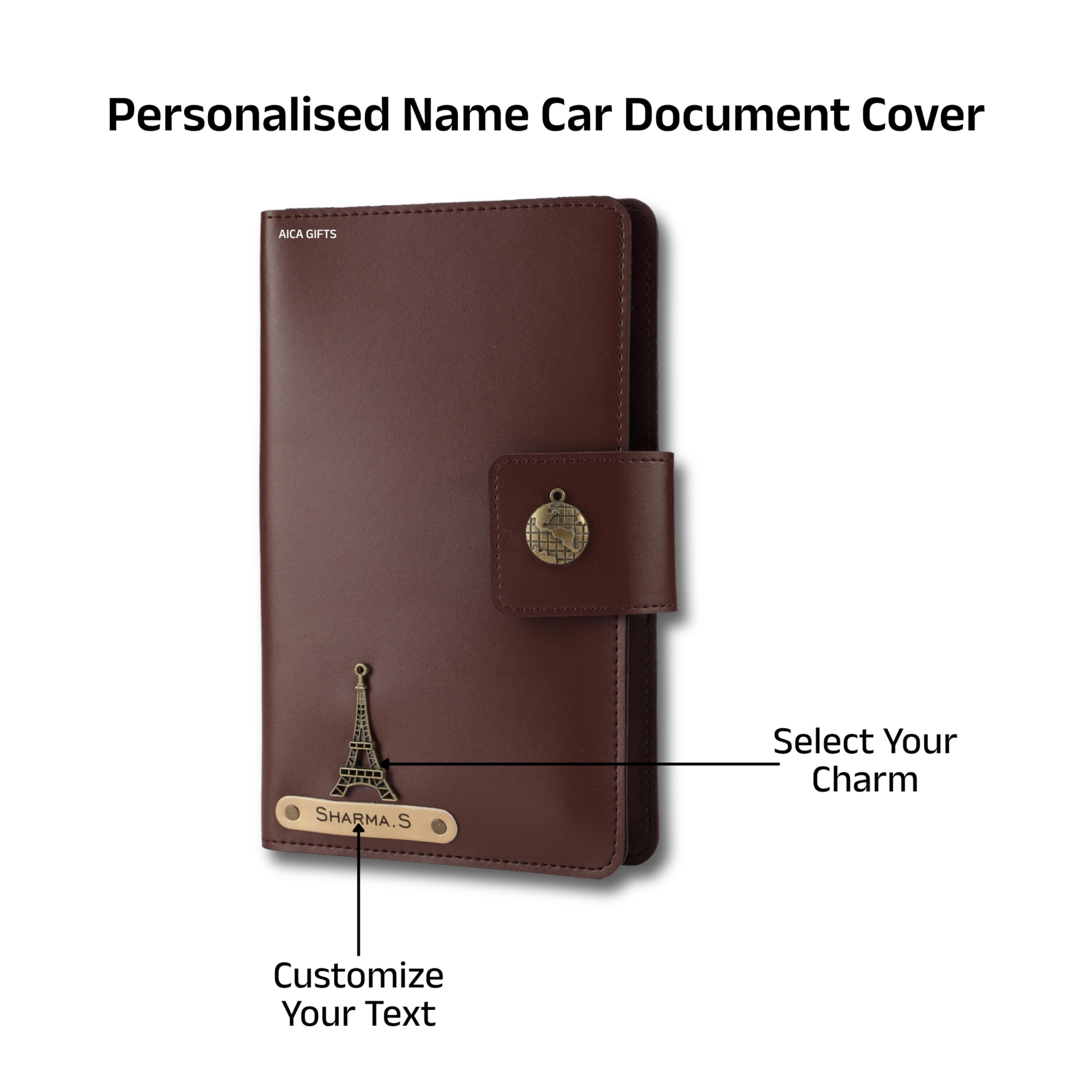 AICA Personalized Name & Charm Long Leather Car Document Holder with RC, Insurance Papers, Card Slots & Cash Compartment for Men & Women (Darkbrown)