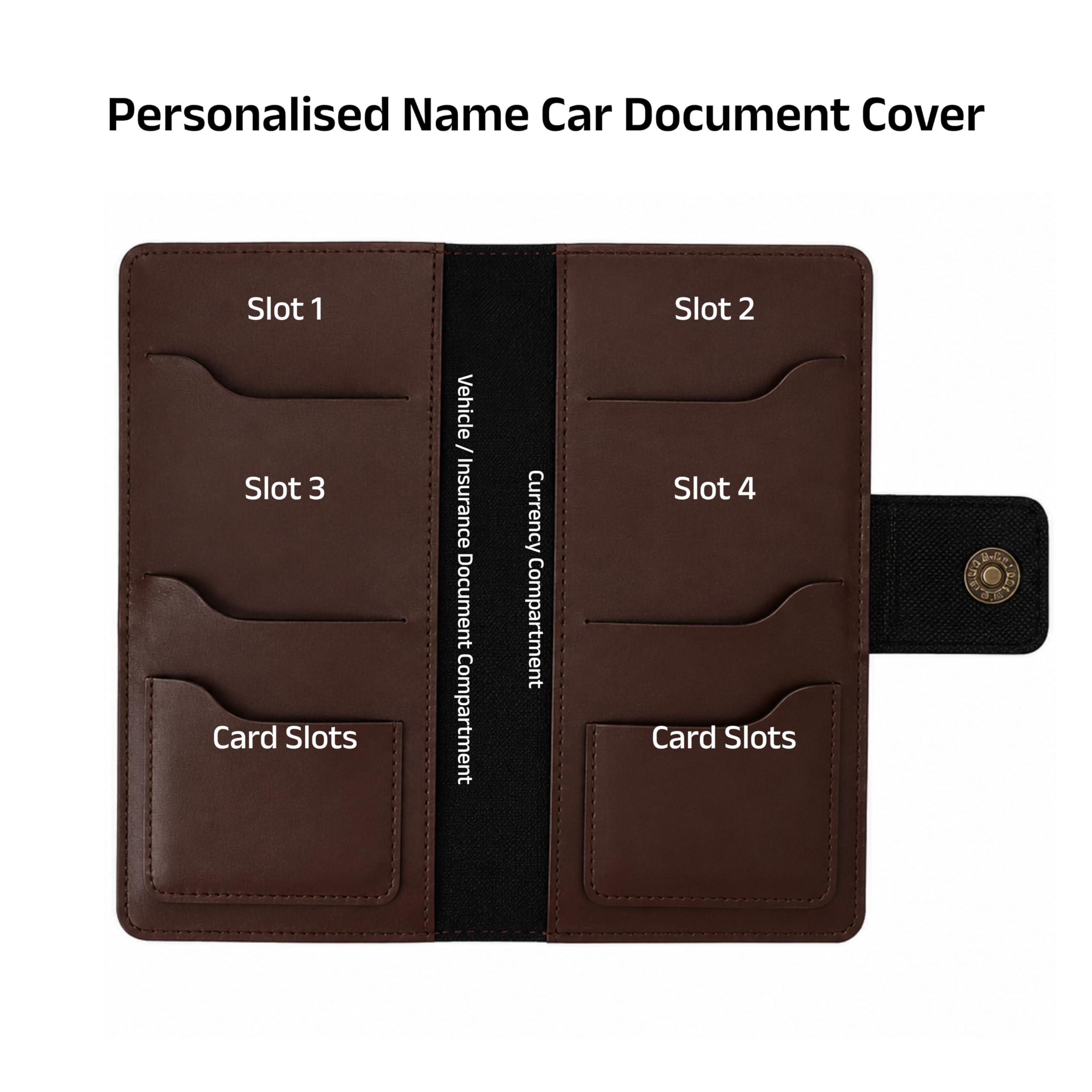 AICA Personalized Name & Charm Long Leather Car Document Holder with RC, Insurance Papers, Card Slots & Cash Compartment for Men & Women (Darkbrown)
