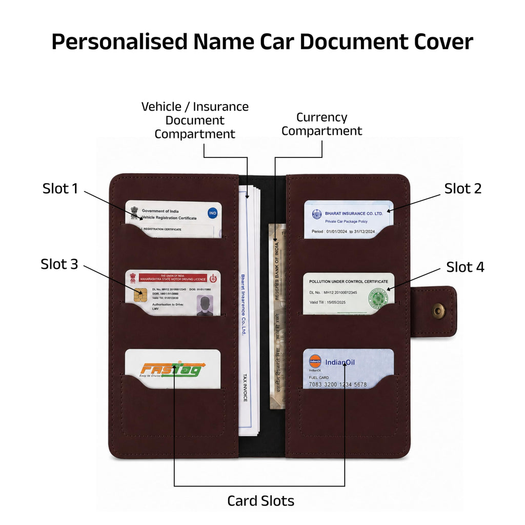 AICA Personalized Name & Charm Long Leather Car Document Holder with RC, Insurance Papers, Card Slots & Cash Compartment for Men & Women (Darkbrown)