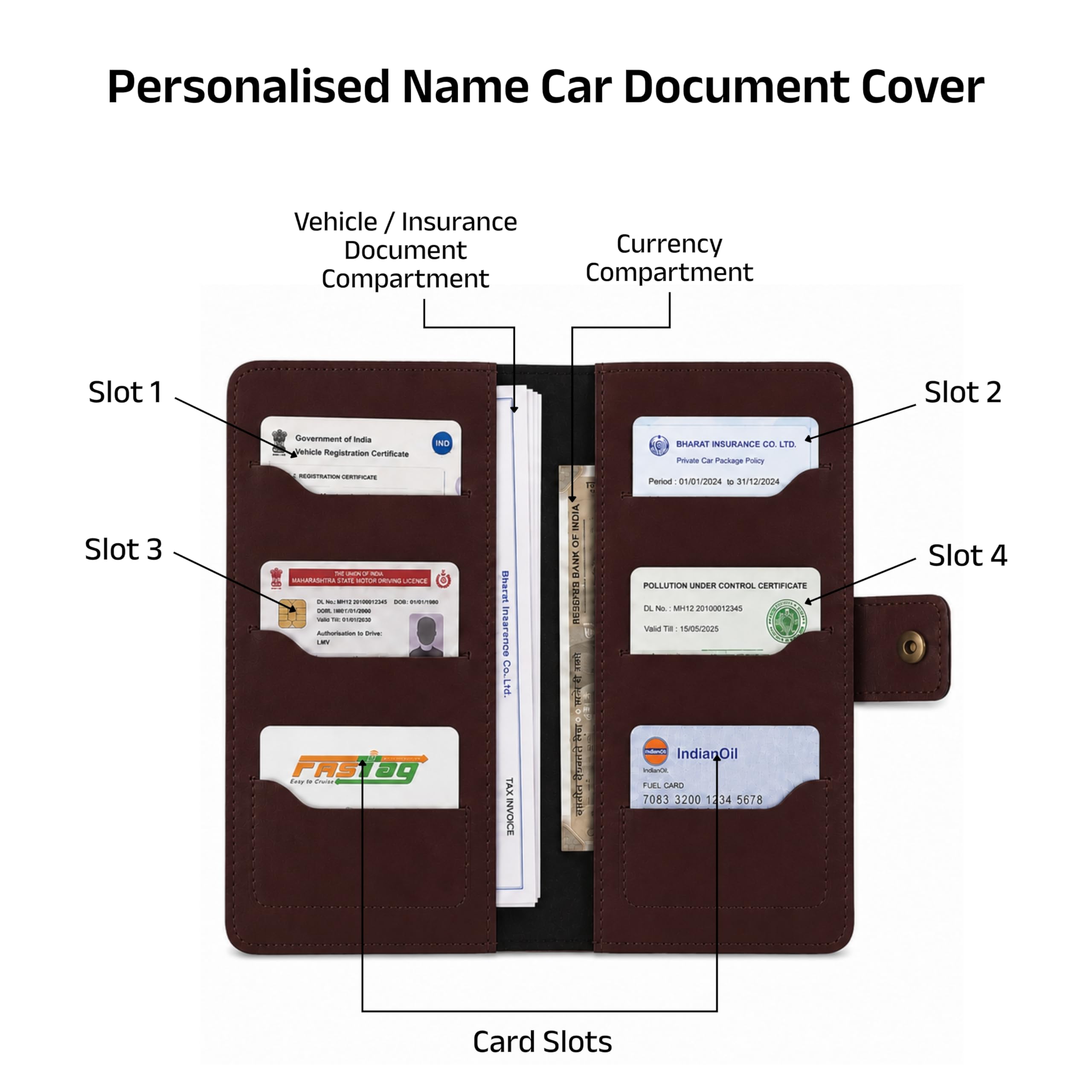 AICA Personalized Name & Charm Long Leather Car Document Holder with RC, Insurance Papers, Card Slots & Cash Compartment for Men & Women (Darkbrown)