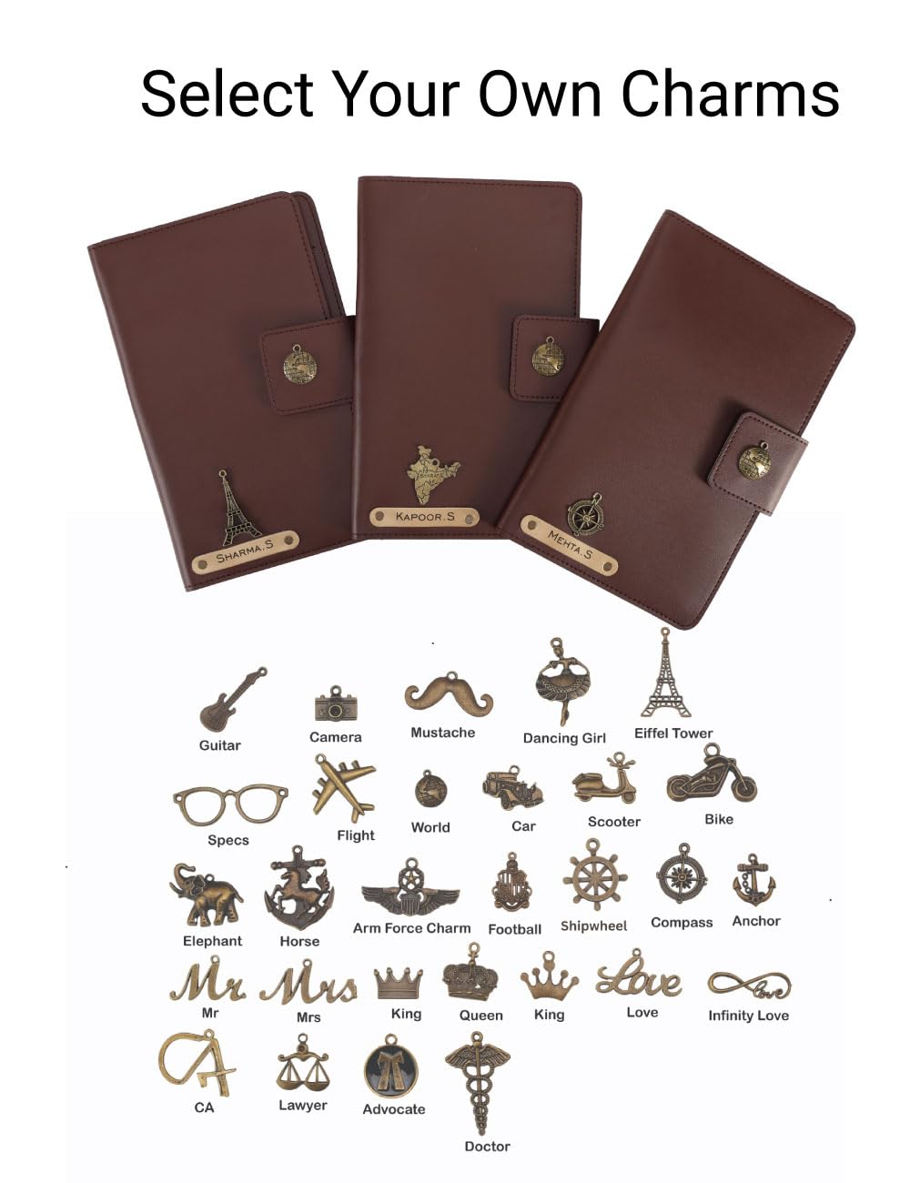 AICA Personalized Name & Charm Long Leather Car Document Holder with RC, Insurance Papers, Card Slots & Cash Compartment for Men & Women (Darkbrown)