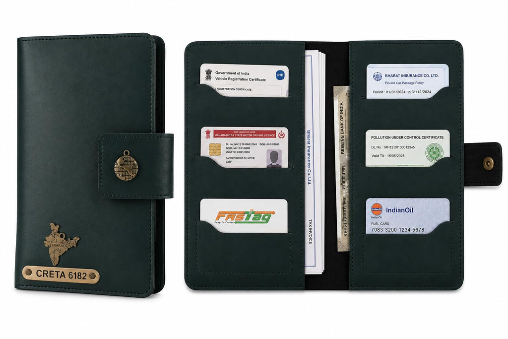 AICA Personalized Name & Charm Long Leather Car Document Holder with RC, Insurance Papers, Card Slots & Cash Compartment for Men & Women (Darkgreen)