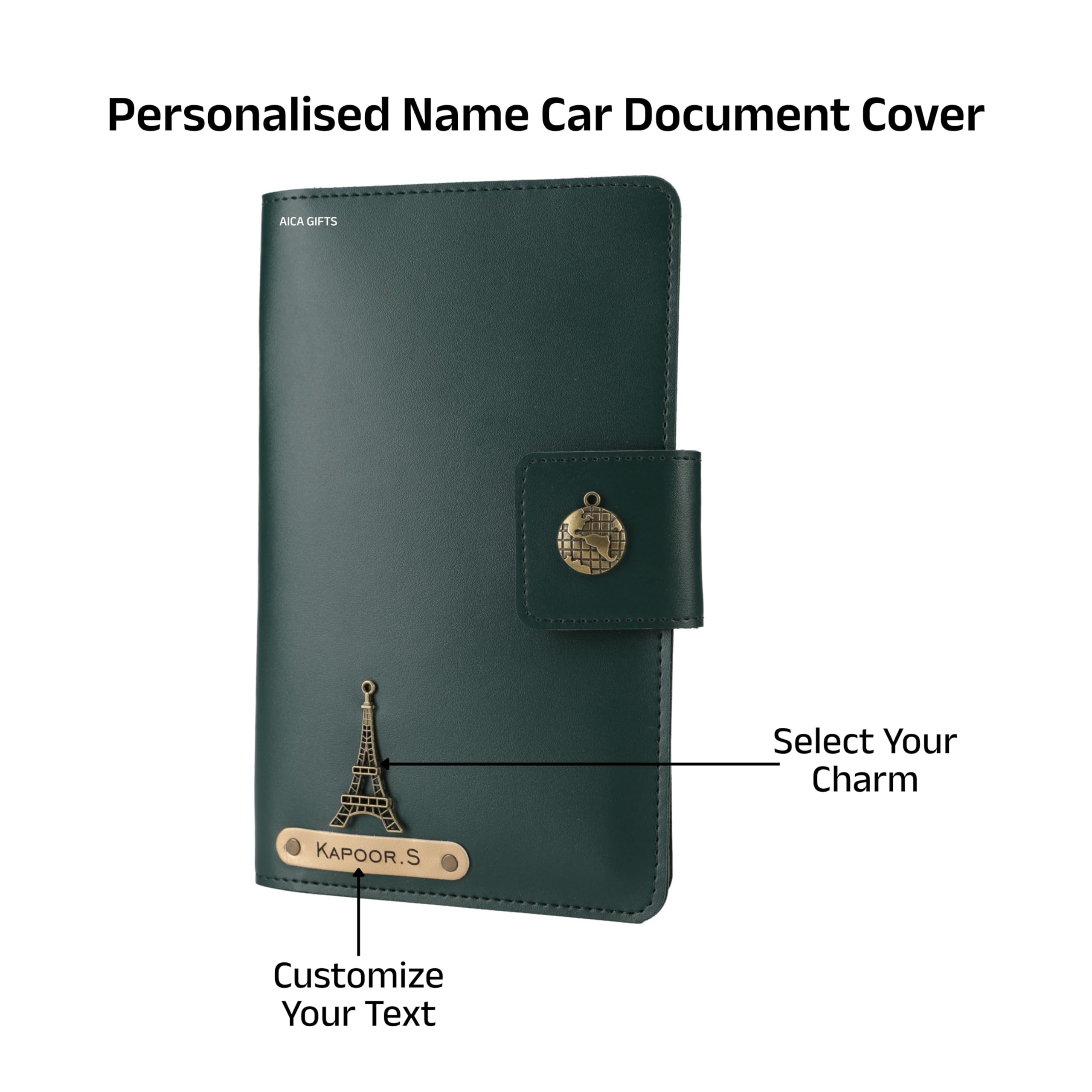 AICA Personalized Name & Charm Long Leather Car Document Holder with RC, Insurance Papers, Card Slots & Cash Compartment for Men & Women (Darkgreen)
