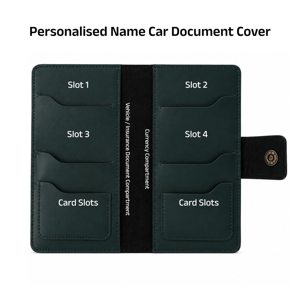 AICA Personalized Name & Charm Long Leather Car Document Holder with RC, Insurance Papers, Card Slots & Cash Compartment for Men & Women (Darkgreen)