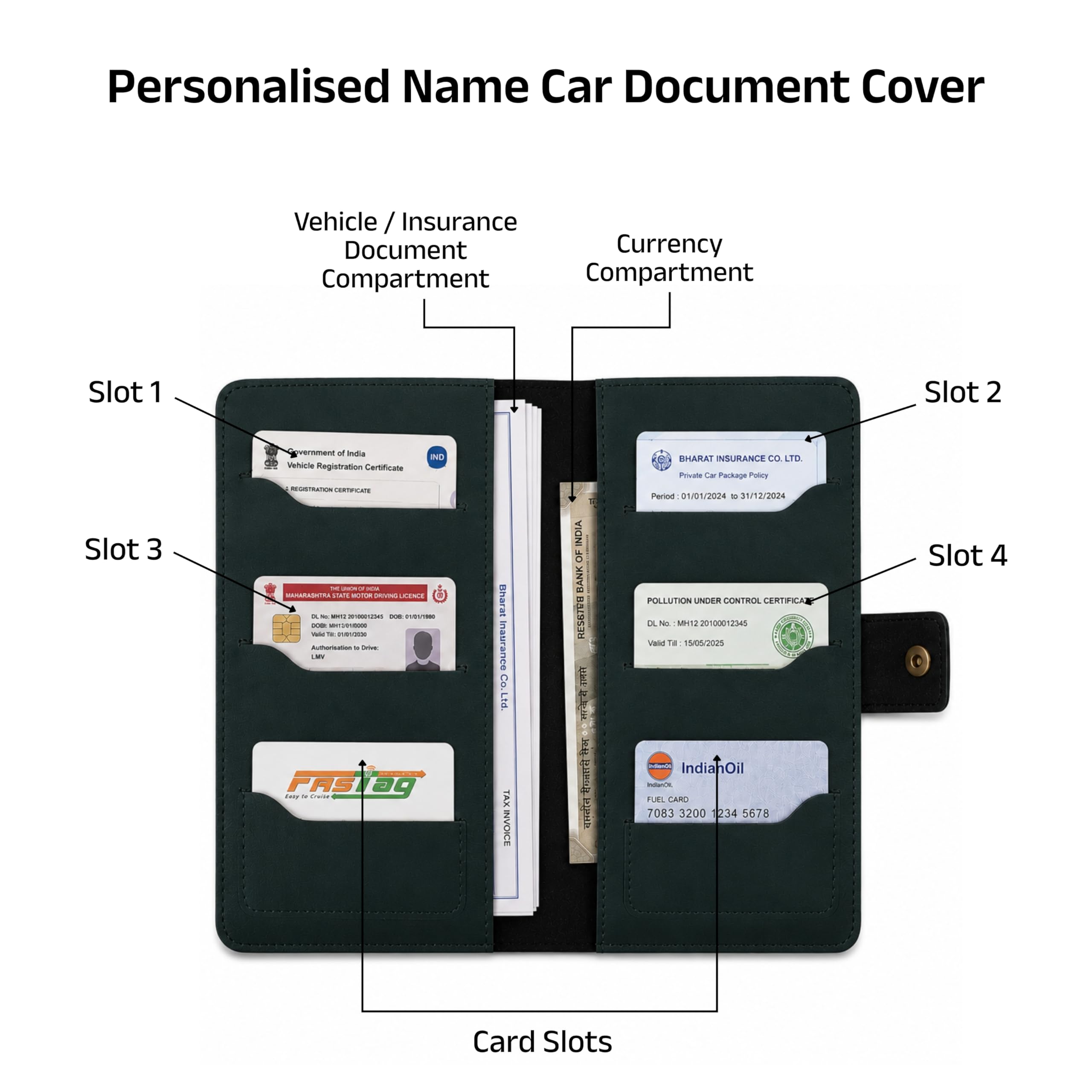 AICA Personalized Name & Charm Long Leather Car Document Holder with RC, Insurance Papers, Card Slots & Cash Compartment for Men & Women (Darkgreen)