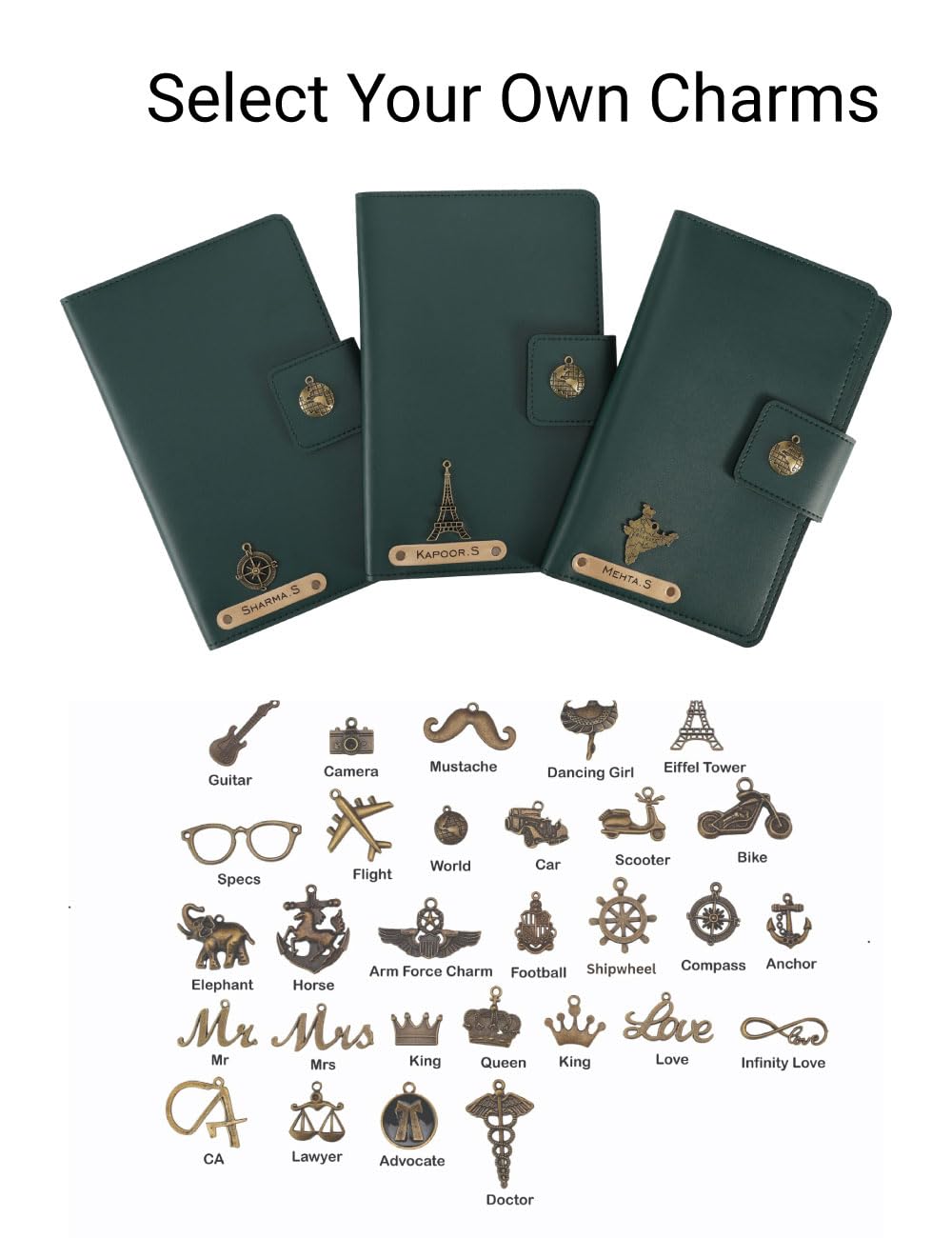 AICA Personalized Name & Charm Long Leather Car Document Holder with RC, Insurance Papers, Card Slots & Cash Compartment for Men & Women (Darkgreen)