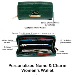 AICA Personalized Name & Charm Self-Textured Leather Wallet Combo Giftset for Women (DarkGreen)