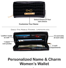 AICA Personalized Name & Charm Self-Textured Leather Wallet Women’s Combo Giftset (Black)