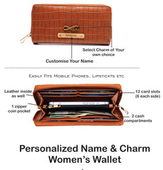 AICA Personalized Name & Charm Self-Textured Leather Wallet Womens Combo Giftset (TanBrown)