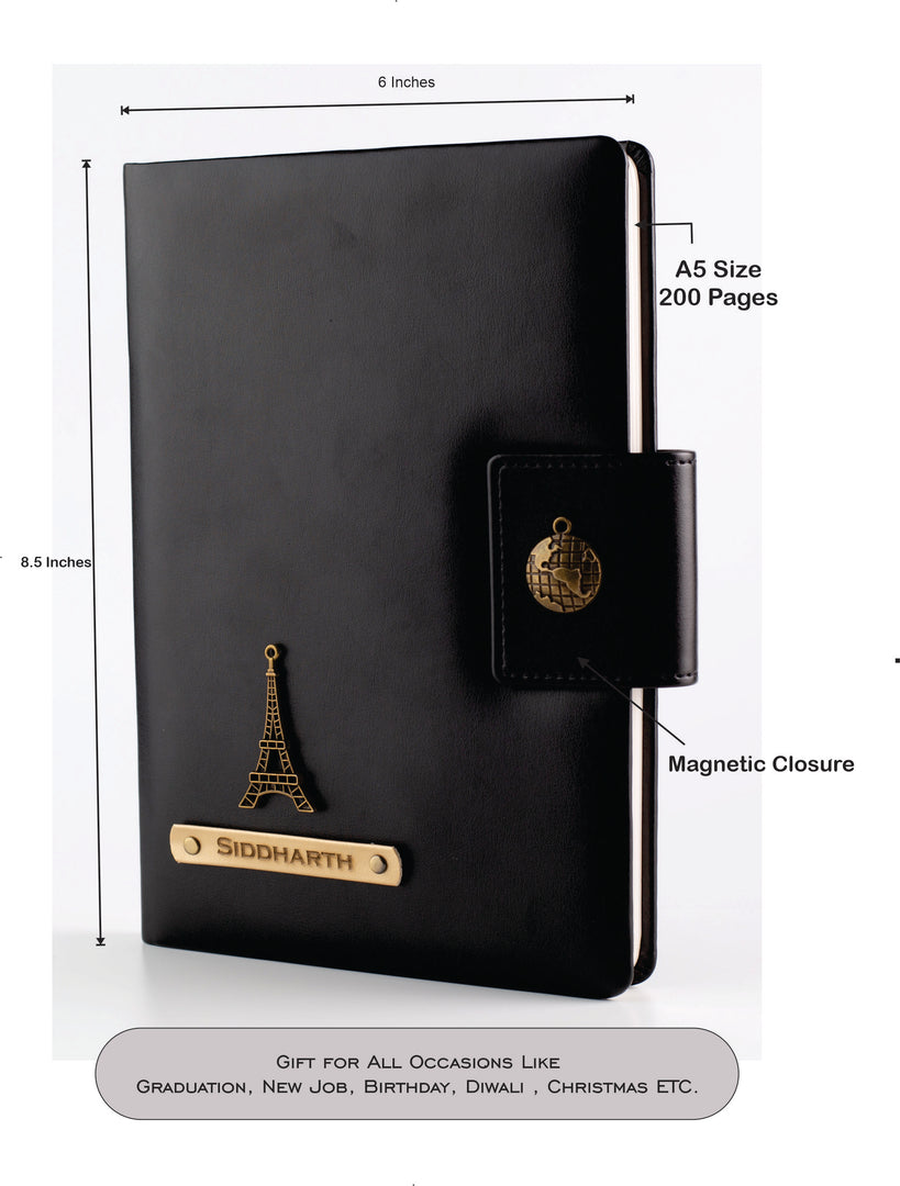 AICA Personalized Name & Charm Leather Notebook Diary -A5 Size, 200 Ruled Pages (Black)|Customized Christmas Secret Santa Daily Journal Diaries Diary Gifts for Men Women Friends Family Office Staff