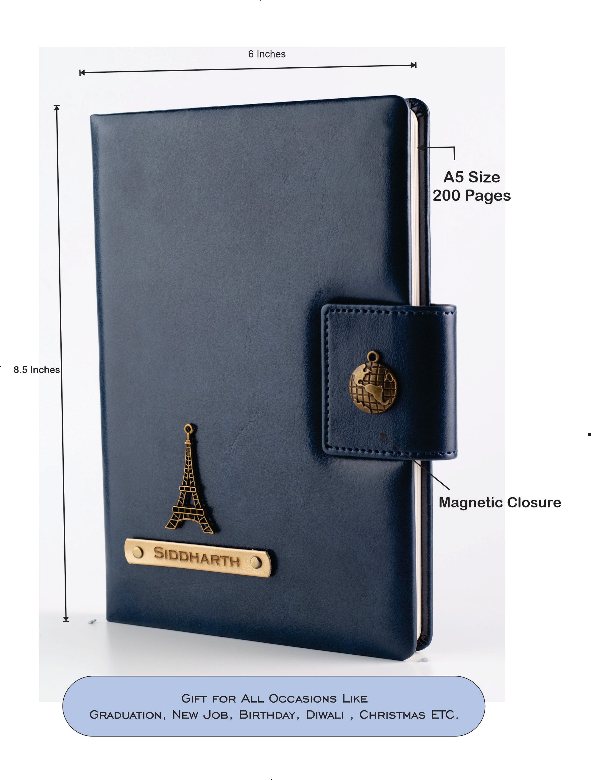 Aica Personalized Name & Charm Leather Notebook Diary Organizer - A5 Size, 200 Ruled Pages (Navy Blue) for Men & Women | Customized Gift for Women Wife Mom Mother Sister | Journal for Personal Use