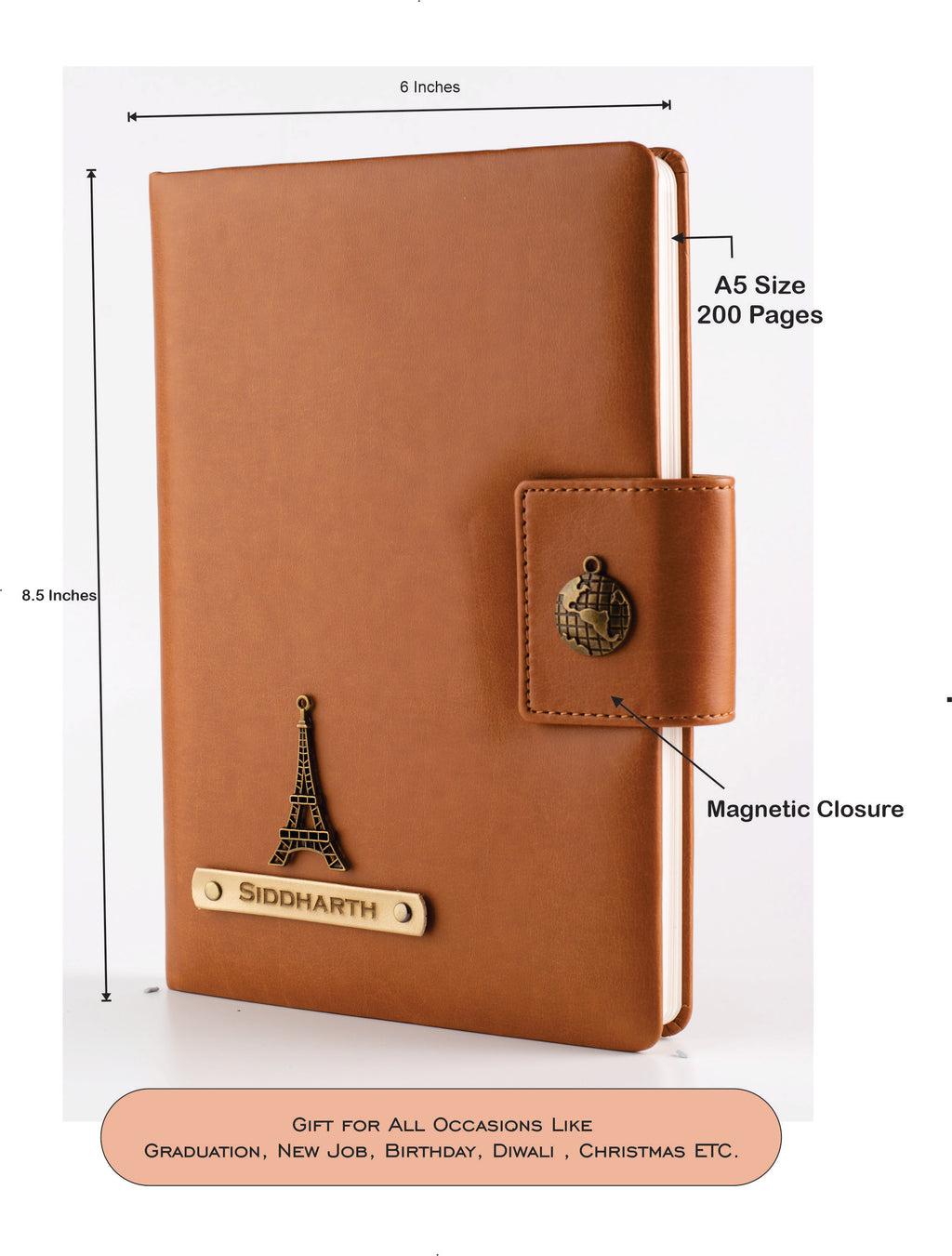 Aica Personalized Name & Charm Leather Notebook Diary - A5 Size 200 Ruled Pages (Tan Brown) for Men & Women | Customized Office Corporate Gift for Employees Clients Staff Colleague Retirement Farewell