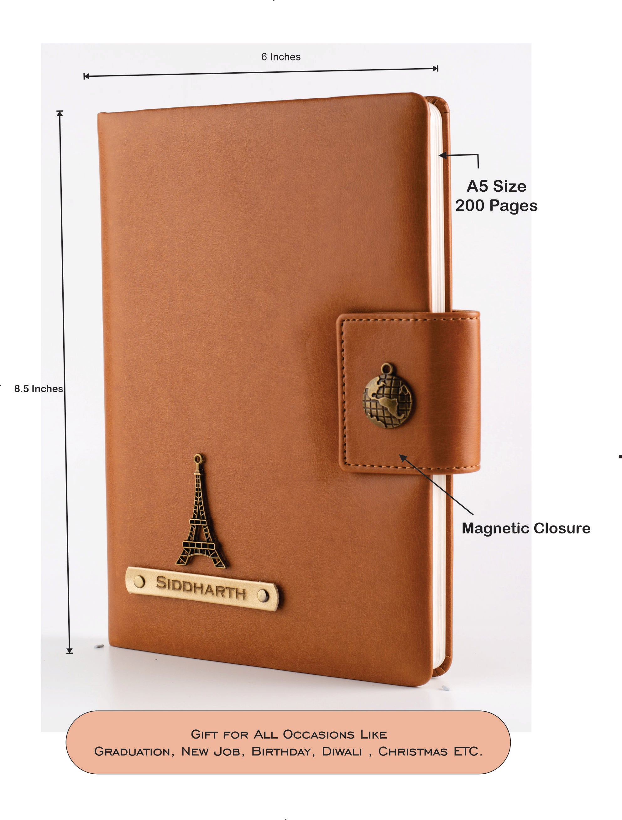 Aica Personalized Name & Charm Leather Notebook Diary - A5 Size 200 Ruled Pages (Tan Brown) for Men & Women | Customized Office Corporate Gift for Employees Clients Staff Colleague Retirement Farewell