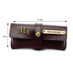 AICA Personalised Name & Charm Leather Sunglass Case Cover for Men & Women (Dark Brown)