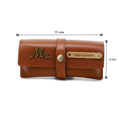 AICA Personalised Name & Charm Leather Sunglass Case Cover for Men & Women (Tan Brown)