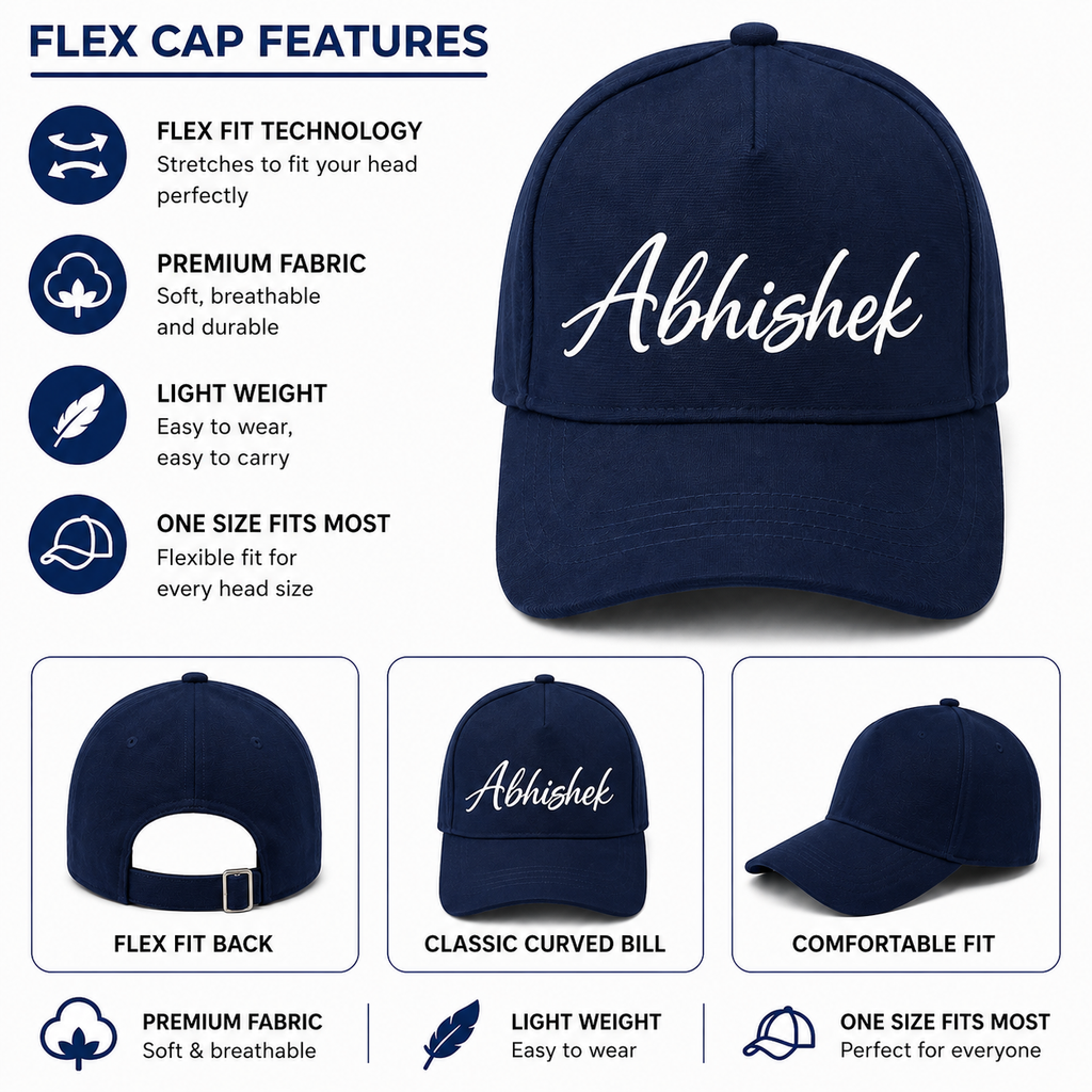 AICA Personalised Name Flex Cap for Men & Women �  Free Size | Gifts for Men & Women (Navyblue)