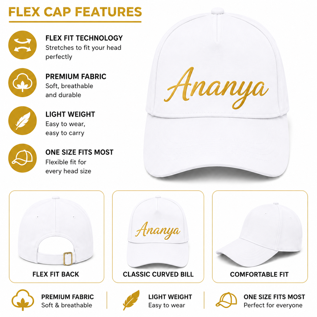 AICA Personalised Name Flex Cap for Men & Women �  Free Size | Gifts for Men & Women (White)