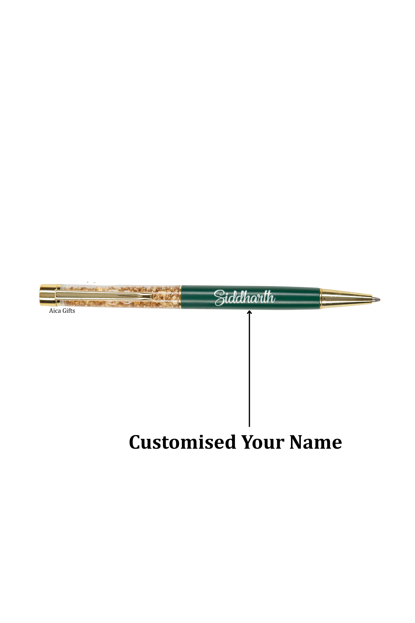AICA Gifts Personalized Pens with Name Engraved I Golden Glitter Roller Ball Pen (Dark Green)