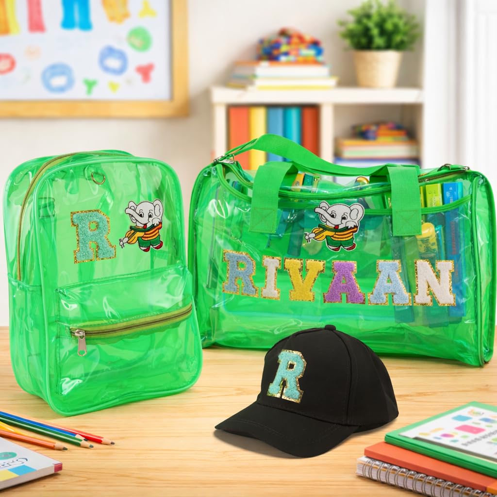AICA Personalized Name Embroidered Letters & Patch PVC Bag & Cap Kids Combo Giftset (2-10 years) – Green |Stationery Items |Duffle Bags for Travelling |Birthday Gift for Kid | Return Gifts |School Kit