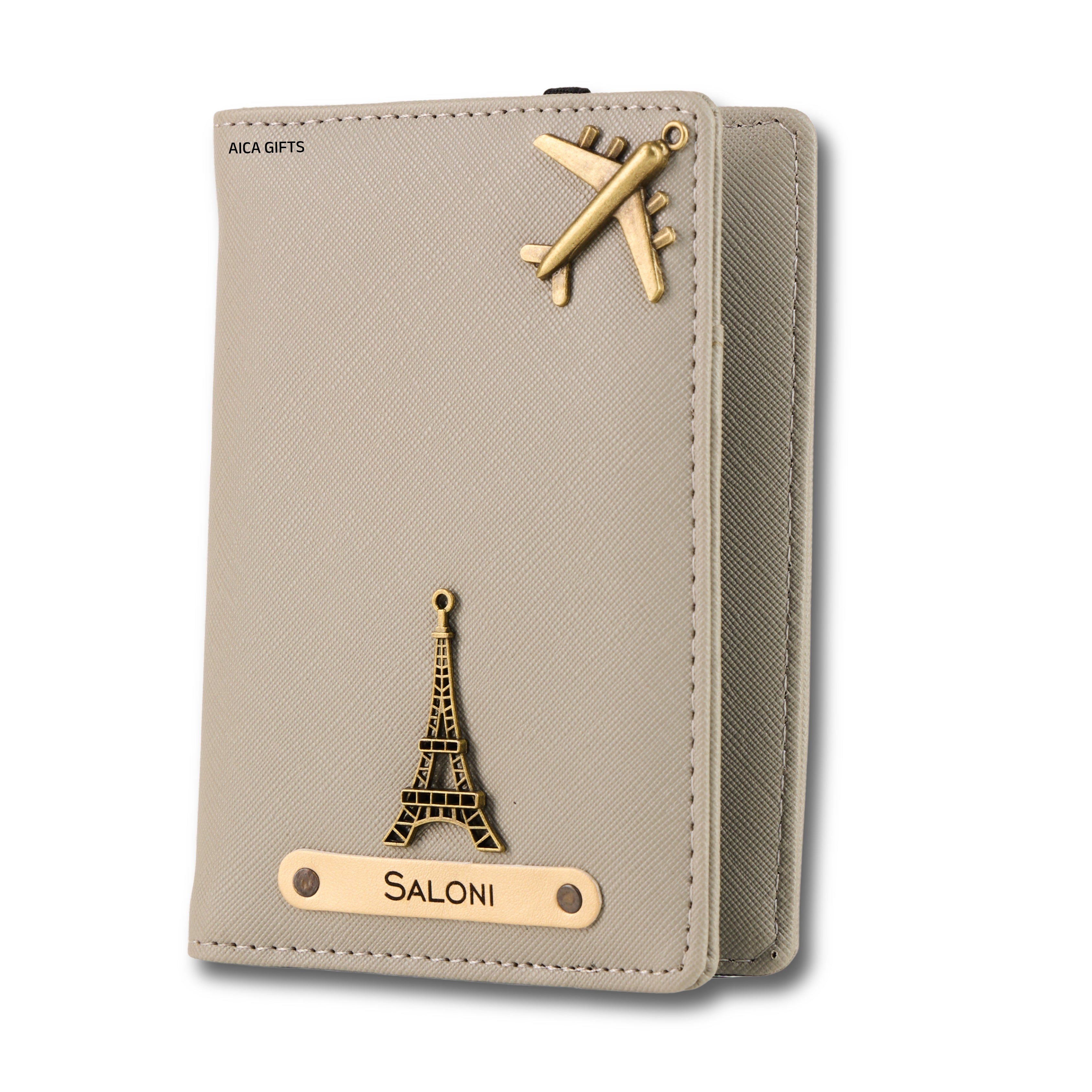 AICA Personalized Name & Charm Leather Passport Cover with 4 Card Slots, Secure Band & Boarding Pass Slot for Men & Women | Travel Passport Holder (Grey)