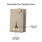 AICA Personalized Name & Charm Leather Passport Cover with 4 Card Slots, Secure Band & Boarding Pass Slot for Men & Women | Travel Passport Holder (Grey)