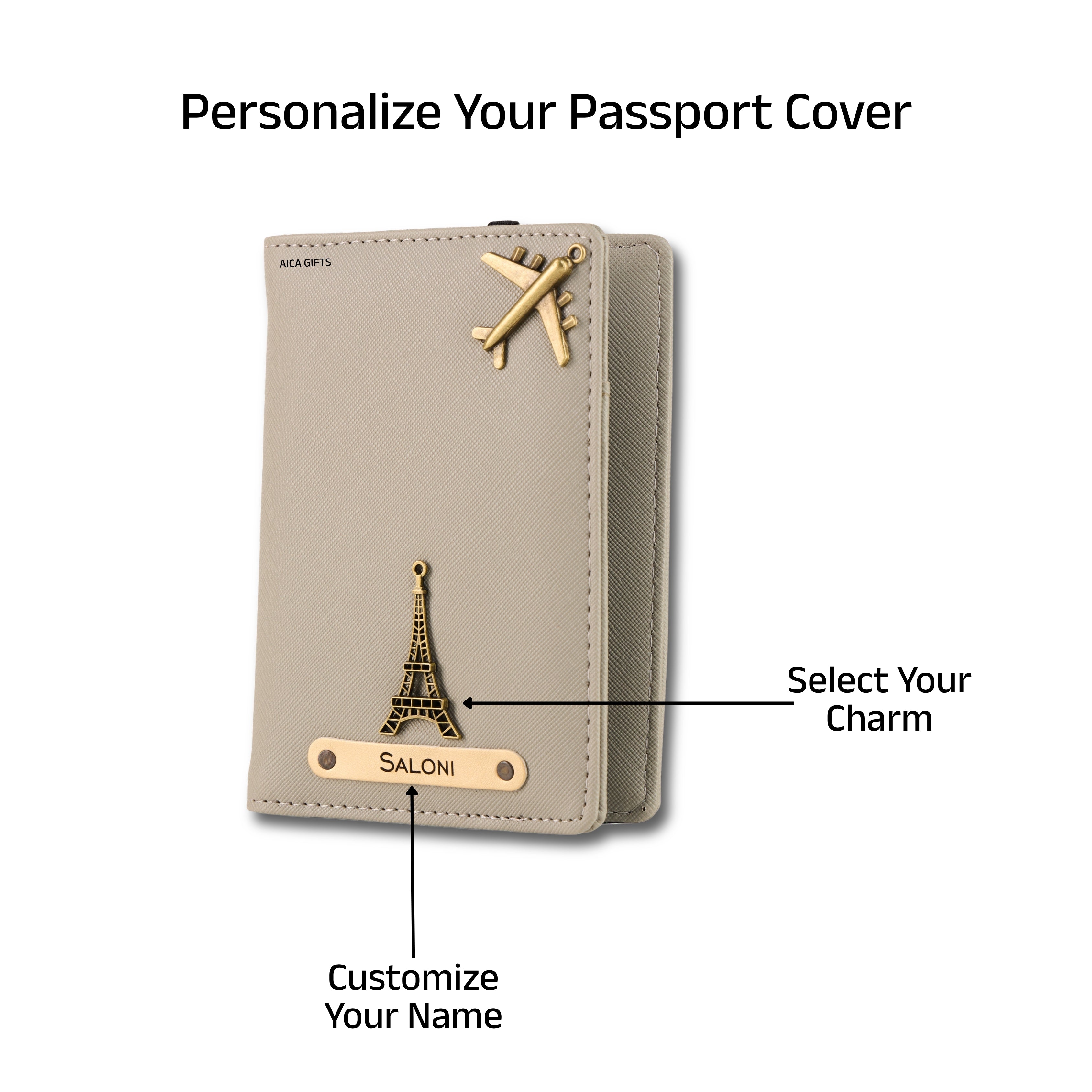 AICA Personalized Name & Charm Leather Passport Cover with 4 Card Slots, Secure Band & Boarding Pass Slot for Men & Women | Travel Passport Holder (Grey)