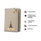 AICA Personalized Name & Charm Leather Passport Cover with 4 Card Slots, Secure Band & Boarding Pass Slot for Men & Women | Travel Passport Holder (Grey)
