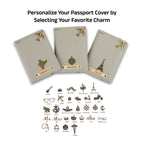 AICA Personalized Name & Charm Leather Passport Cover with 4 Card Slots, Secure Band & Boarding Pass Slot for Men & Women | Travel Passport Holder (Grey)