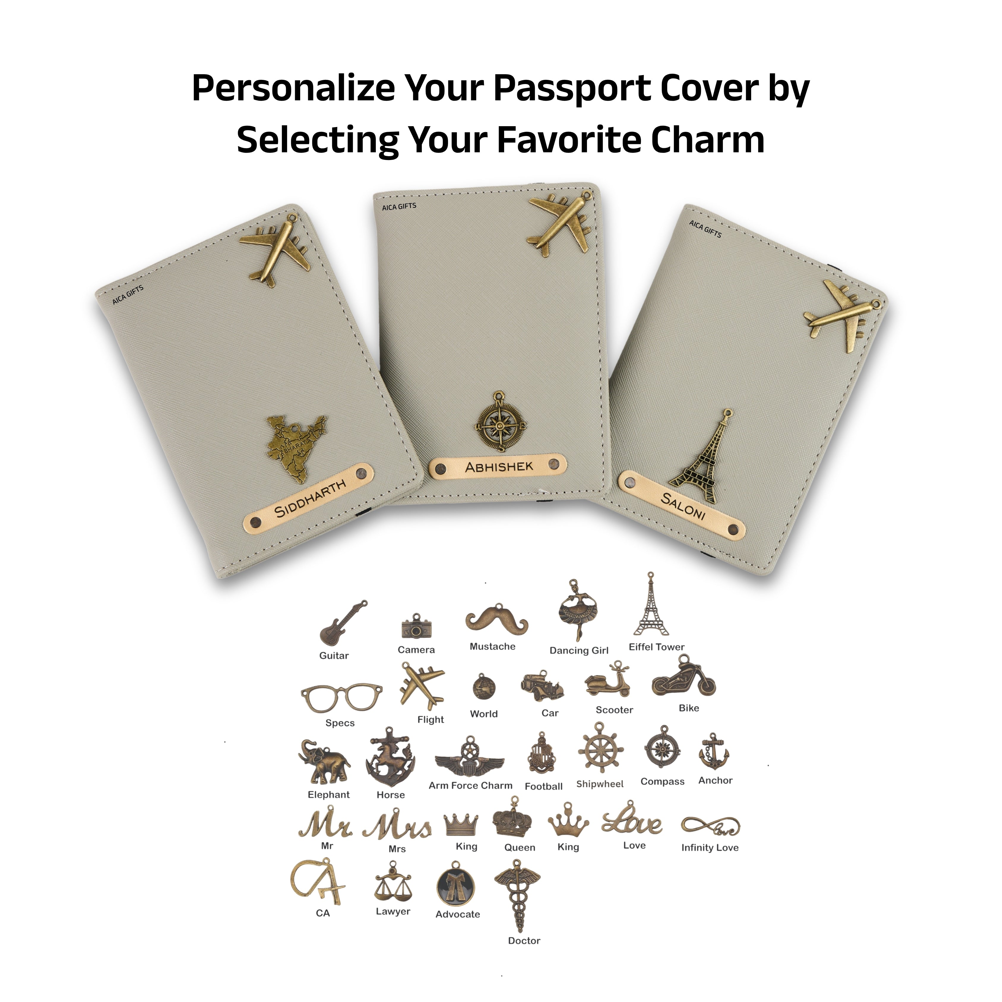 AICA Personalized Name & Charm Leather Passport Cover with 4 Card Slots, Secure Band & Boarding Pass Slot for Men & Women | Travel Passport Holder (Grey)