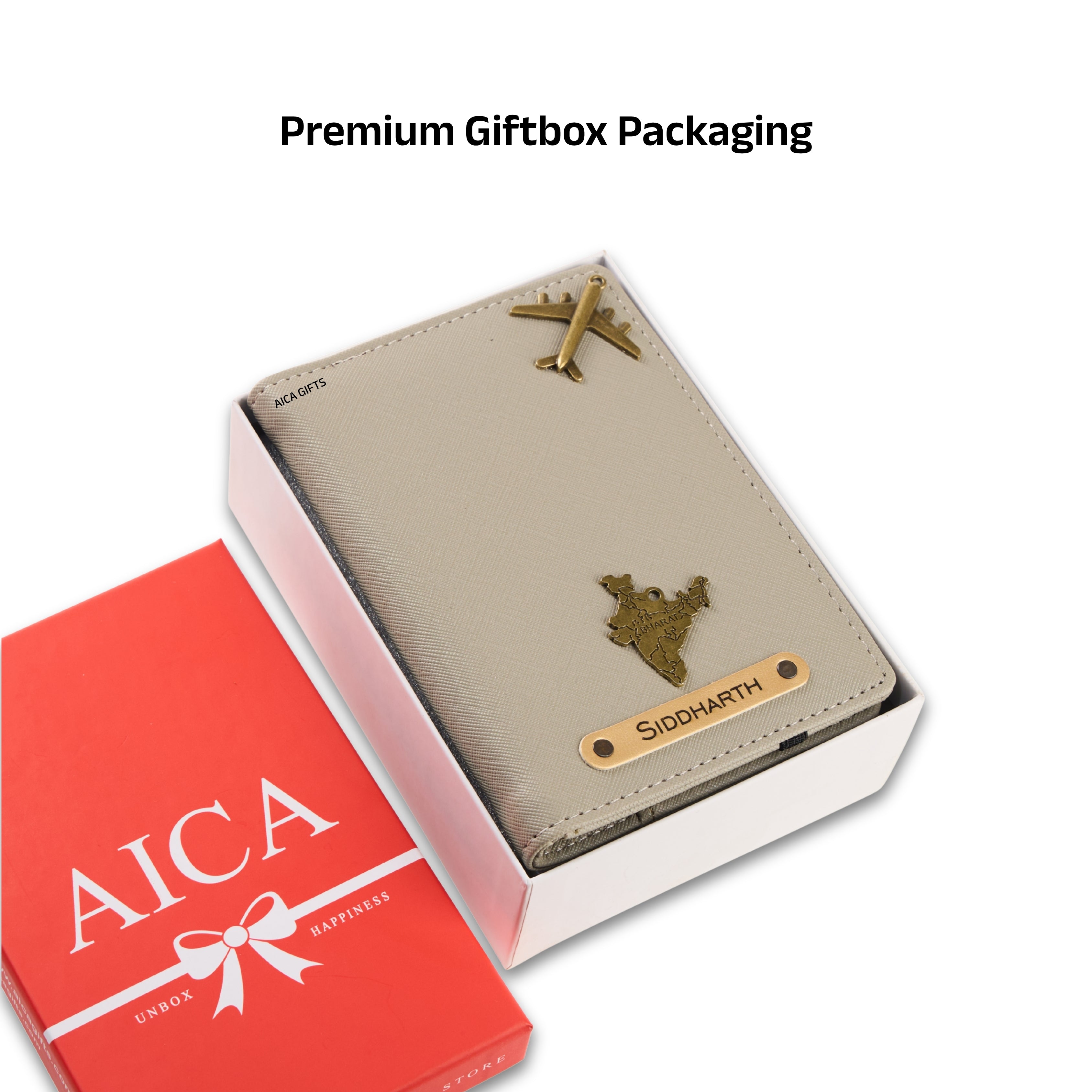 AICA Personalized Name & Charm Leather Passport Cover with 4 Card Slots, Secure Band & Boarding Pass Slot for Men & Women | Travel Passport Holder (Grey)