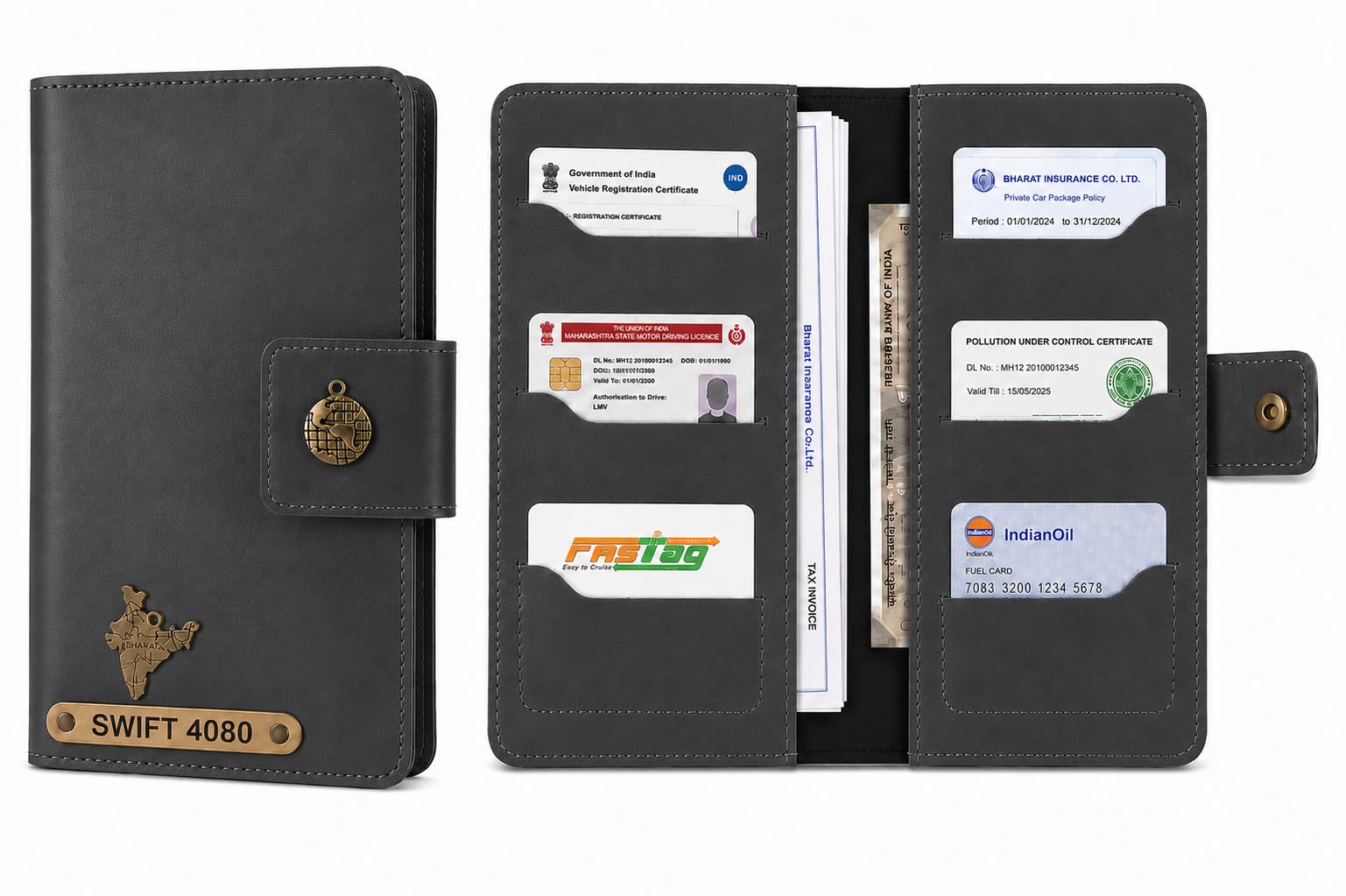 AICA Personalized Name & Charm Long Leather Car Document Holder with RC, Insurance Papers, Card Slots & Cash Compartment for Men & Women (Grey)