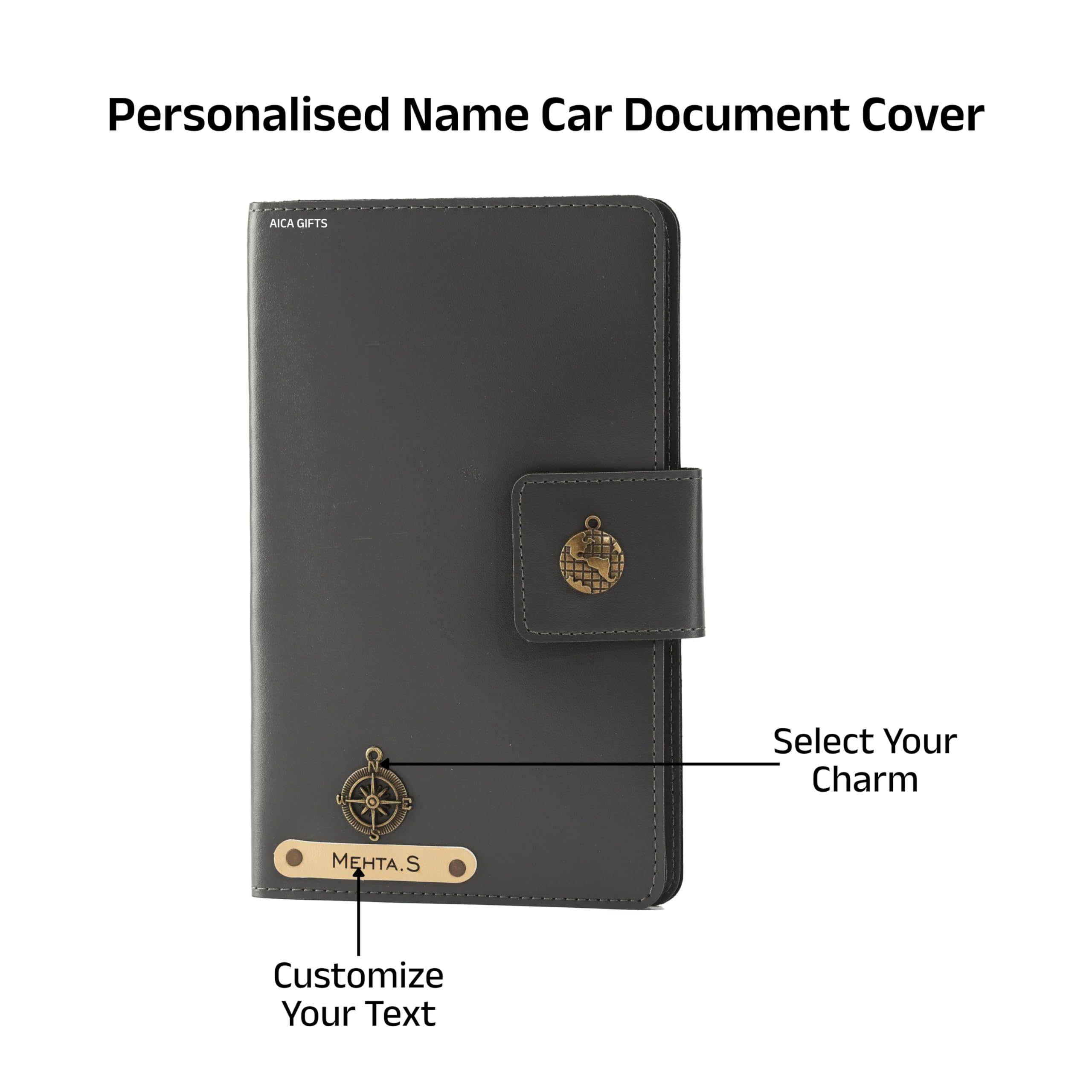 AICA Personalized Name & Charm Long Leather Car Document Holder with RC, Insurance Papers, Card Slots & Cash Compartment for Men & Women (Grey)