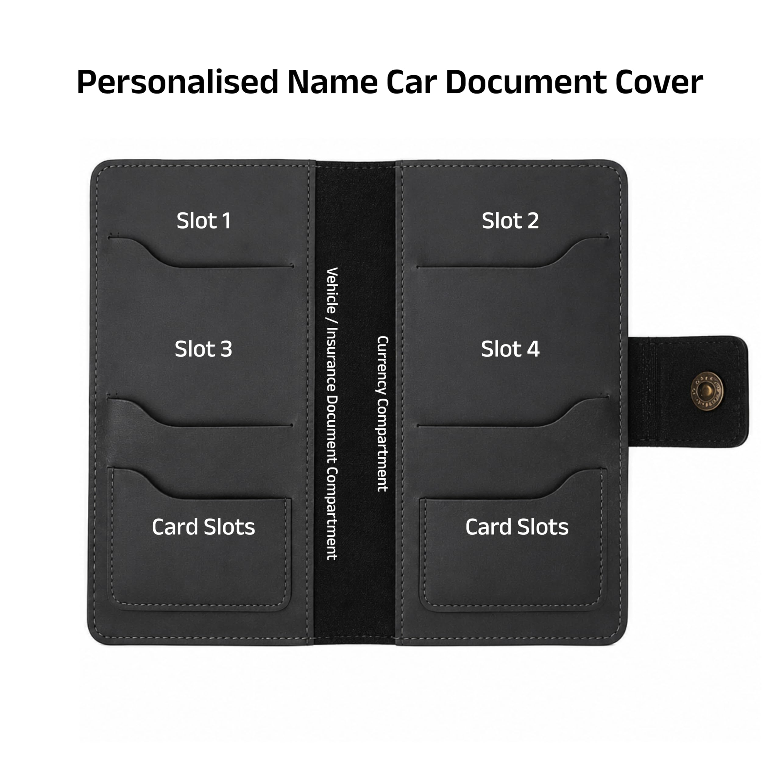 AICA Personalized Name & Charm Long Leather Car Document Holder with RC, Insurance Papers, Card Slots & Cash Compartment for Men & Women (Grey)