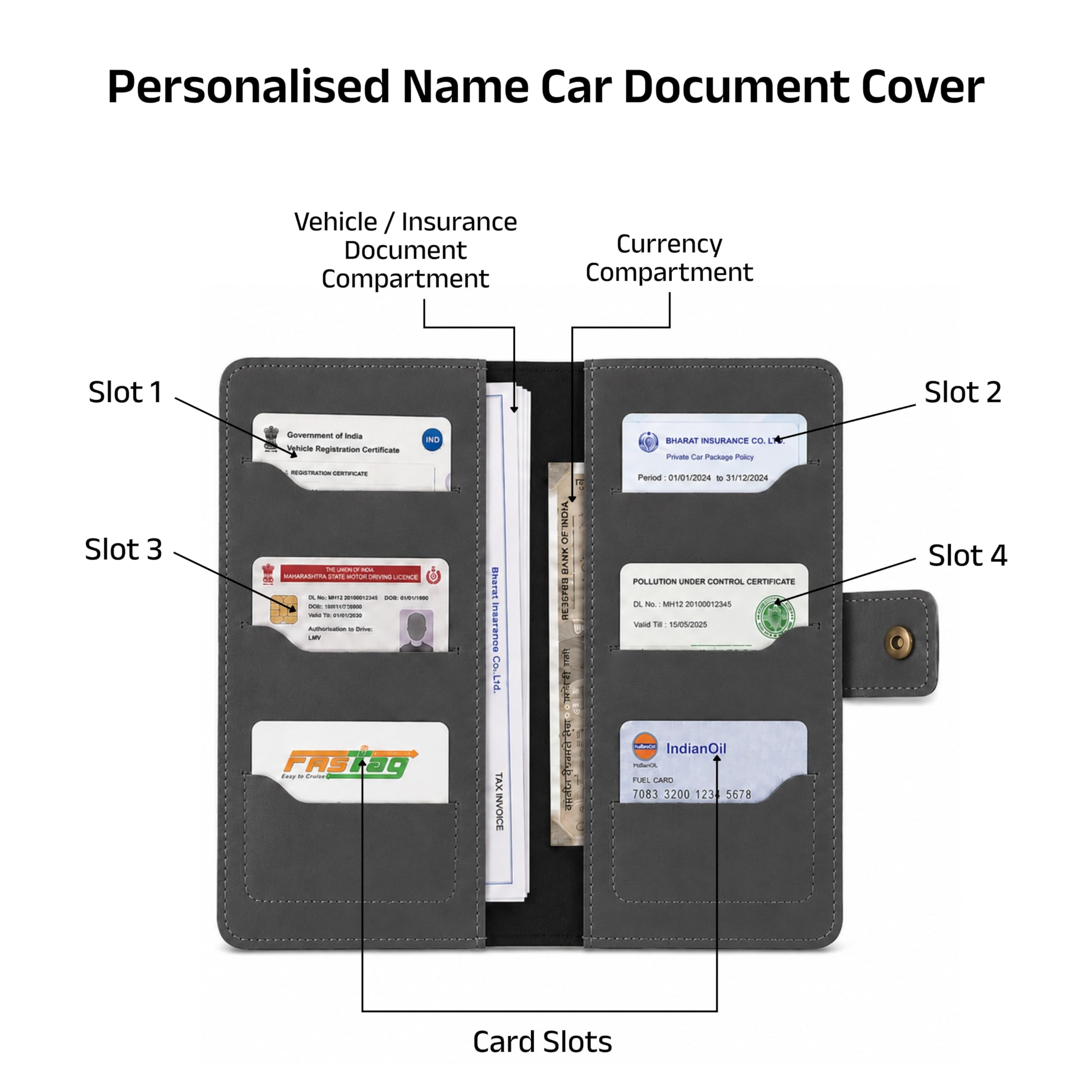 AICA Personalized Name & Charm Long Leather Car Document Holder with RC, Insurance Papers, Card Slots & Cash Compartment for Men & Women (Grey)