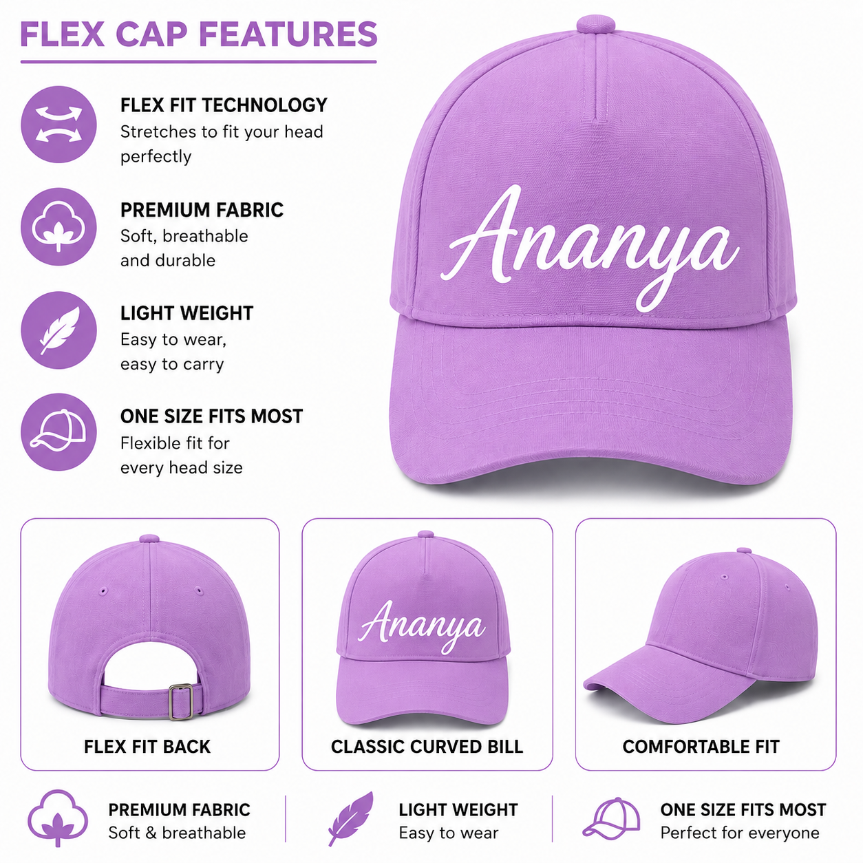AICA Personalised Name Flex Cap for Men & Women �  Free Size | Gifts for Men & Women (Purple)