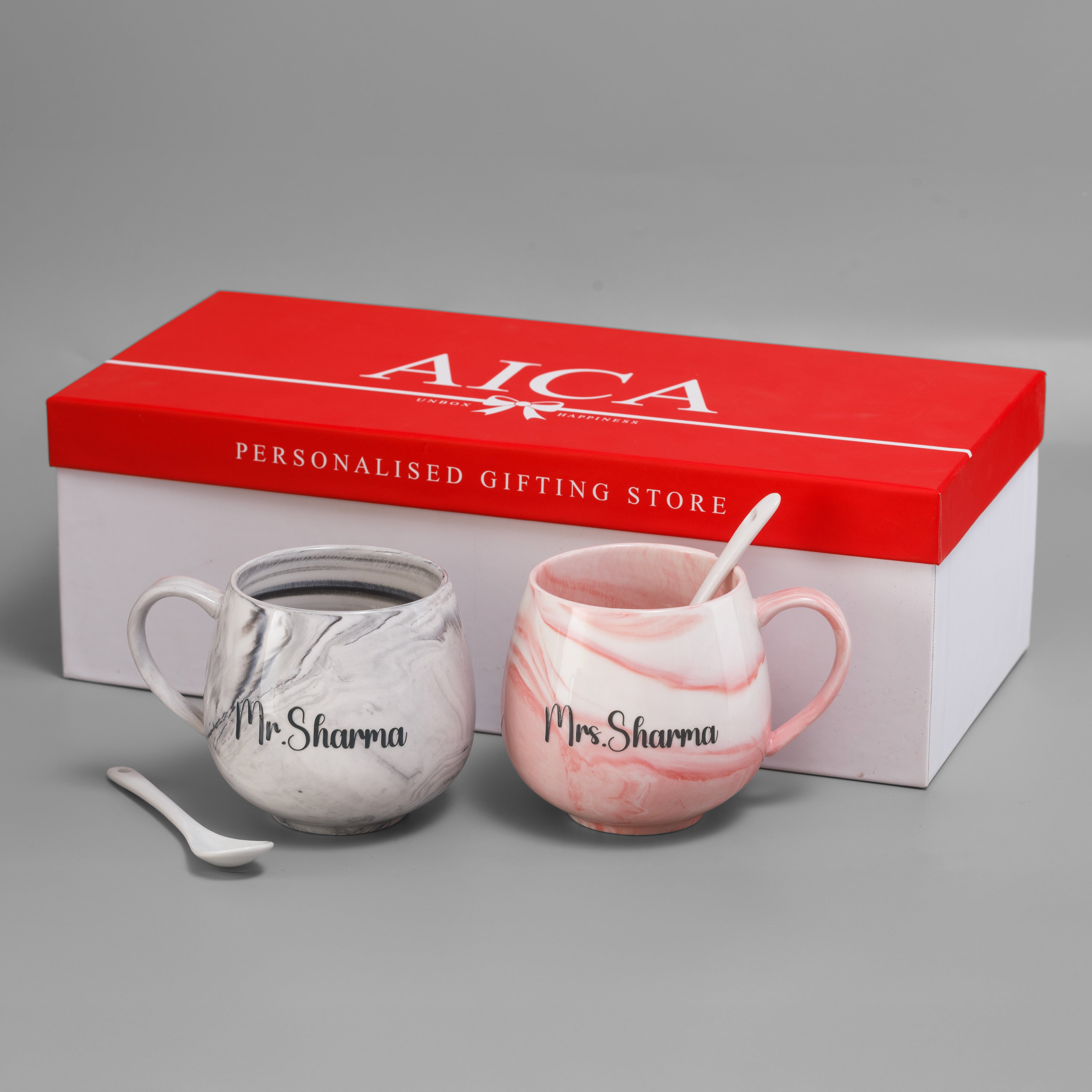 AICA Personalized Name Couple Ceramic Coffee Mug Set - 2pcs (Pink & Grey) 350ml with Spoon