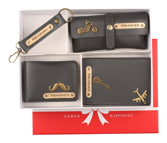 AICA Personalized Name & Charm Leather (Wallet+Passport+Sunglass+Keychain) Mens Combo Giftset (Grey)