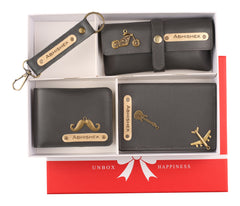 AICA Personalized Name & Charm Leather (Wallet+Passport+Sunglass+Keychain) Mens Combo Giftset (Grey)