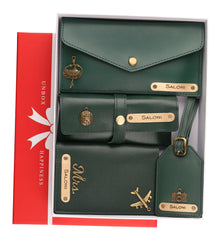 AICA Personalized Name & Charm Leather Wallet Combo Giftset for Women (DarkGreen)