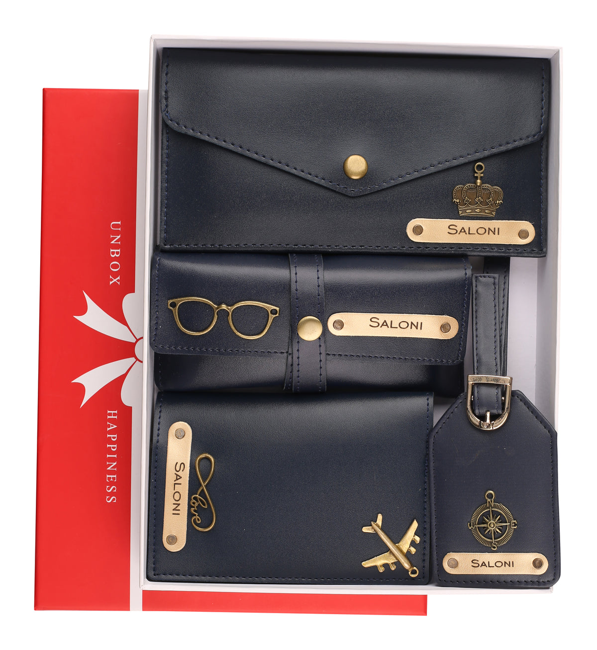 AICA Personalized Name & Charm Leather Wallet Women’s Combo Giftset (Navy Blue)