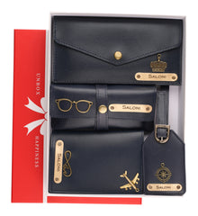 AICA Personalized Name & Charm Leather Wallet Women’s Combo Giftset (Navy Blue)