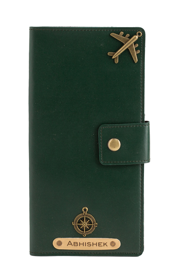 AICA Personalized Name & Charm Long Leather Wallet Passport Cover with Passport, Boarding Pass, Currency, Card Slot & Coin Holder for Men & Women (Dark Green)