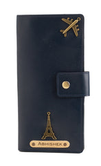 AICA Personalized Name & Charm Long Leather Wallet Passport Cover with Passport, Boarding Pass, Currency, Card Slot & Coin Holder for Men & Women (Navy Blue)