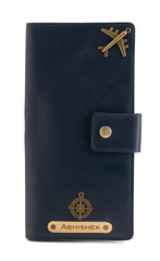 AICA Personalized Name & Charm Long Leather Wallet Passport Cover with Passport, Boarding Pass, Currency, Card Slot & Coin Holder for Men & Women (Navy Blue)