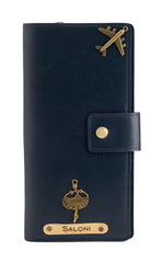 AICA Personalized Name & Charm Long Leather Wallet Passport Cover with Passport, Boarding Pass, Currency, Card Slot & Coin Holder for Men & Women (Navy Blue)