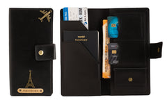 AICA Personalized Name & Charm Long Leather Wallet Passport Cover with Passport, Boarding Pass, Currency, Card Slot & Coin Holder for Men & Women (Black)